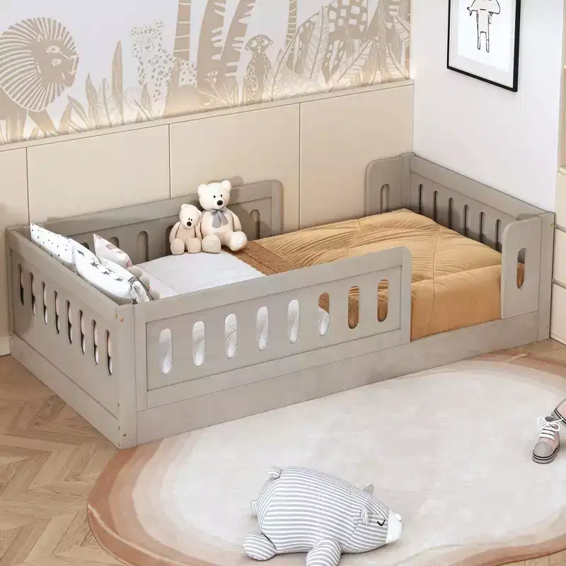 Twin/Full Size Platform Bed, Kid Floor Bed Toddler Bed with Guardrail