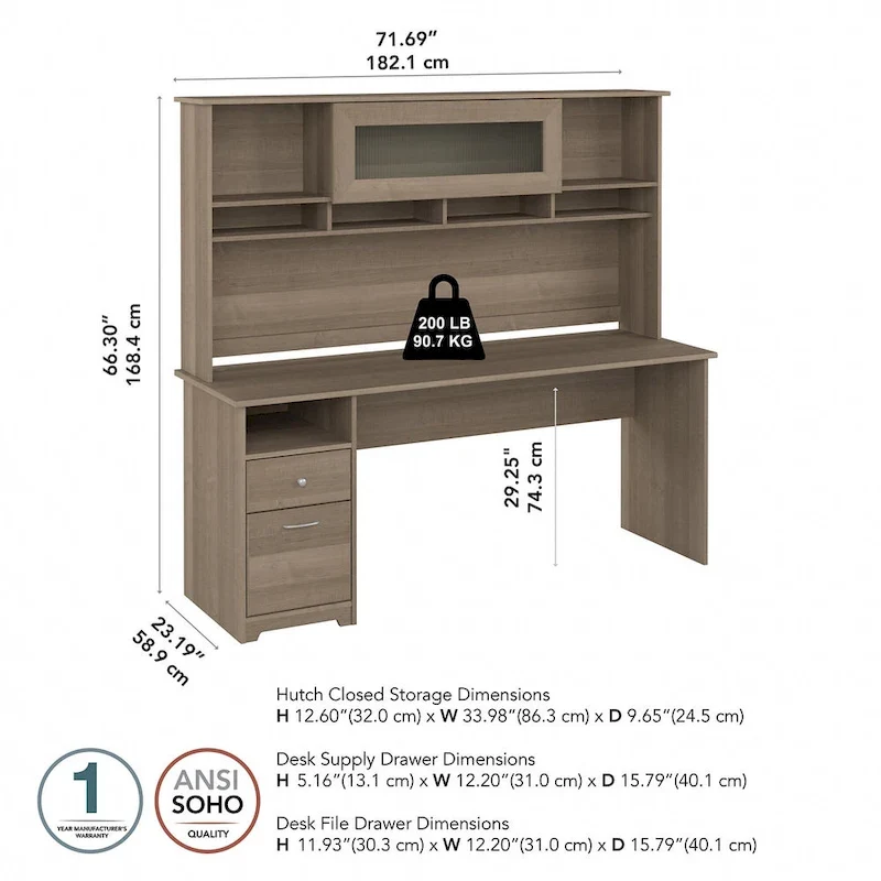 72W Computer Desk with Hutch and Drawers by