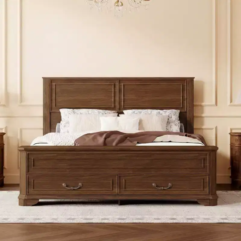 Farmhouse Queen Platform Bed – Headboard, Footboard Storage Bench & 2 Drawers