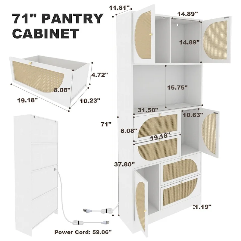Storage Cabinet with Rattan Doors,Tall Freestanding Hutch Cabinet