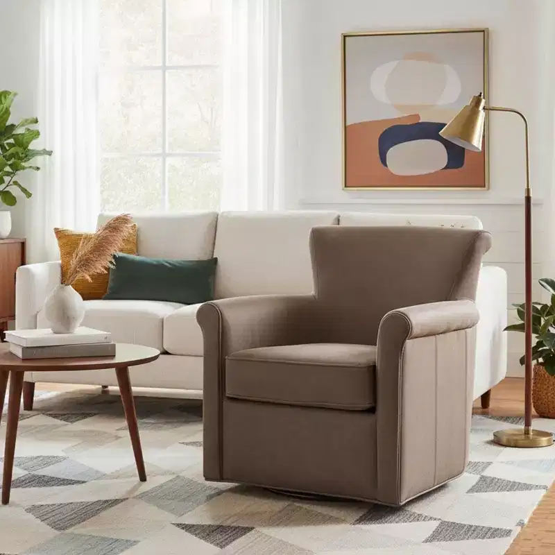 Faux Leather Swivel Accent Chair - Rolled Back Armchair with Metal Base, Removable Cushion, Lounge Chair for Living Room