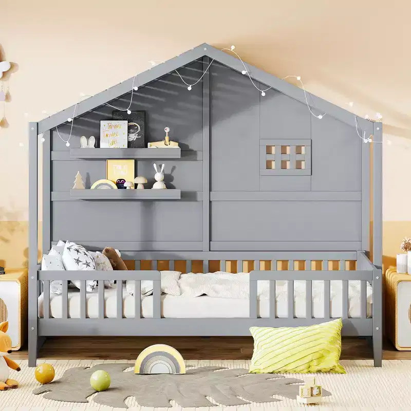 Twin Size House Bed with Storage Shelves and Rails, Wood Kids Montessori Bed Frame with Window and Sparkling Light Strip