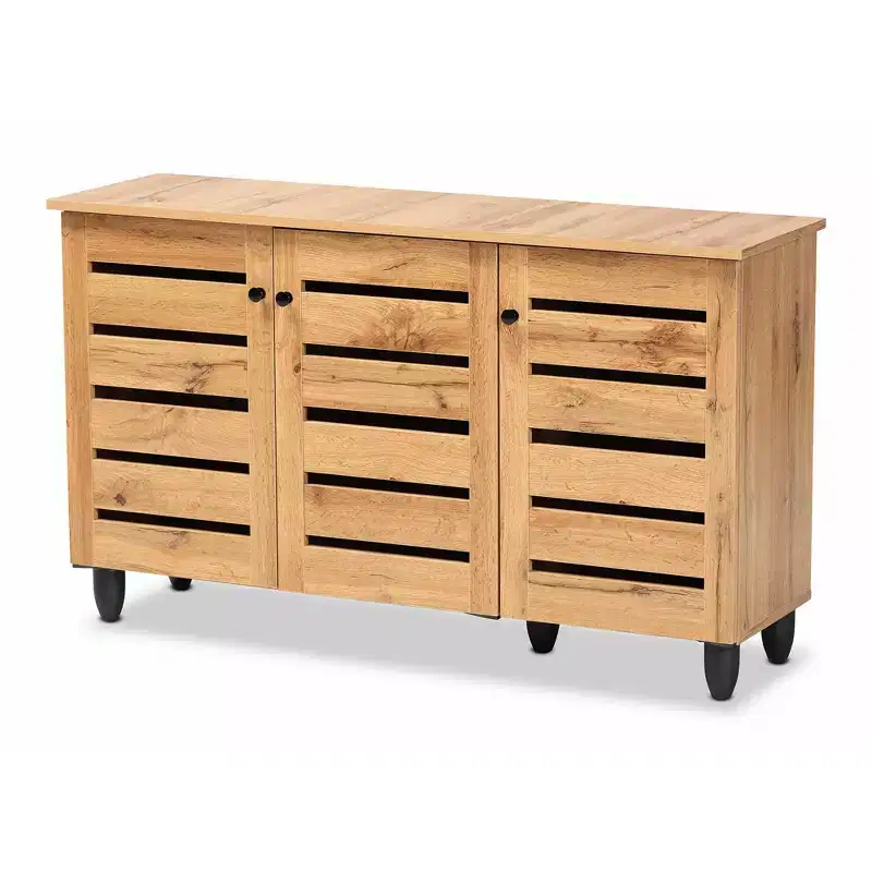 Wood 3-Door Shoe Cabinet Oak Brown/Black - 6 Fixed Shelves