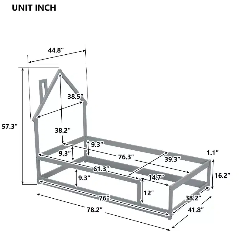 Okak Twin Size House-shaped Headboard Floor Bed with Safety Fences, Modern Wood Low-Profile Bed Frame for Home Use