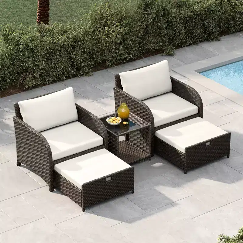 5-Piece Patio Conversation Set, Outdoor Wicker Furniture with Tempered Glass Coffee Table, Chairs with Ottomans & Cushions for Garden, Backyard
