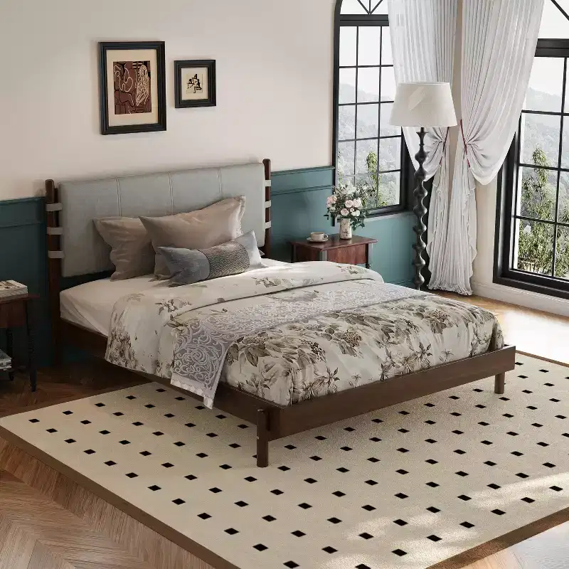 Christopher Knight Home Evelyn Mid-Century Modern Rubberwood Bed with Upholstered Headboard