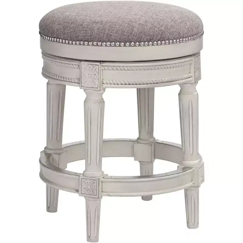 55 Downing Street Oliver Wood Swivel Bar Stool Distressed White 24 1/2 High Traditional Pewter Round Cushion with Footrest for Kitchen Counter Island
