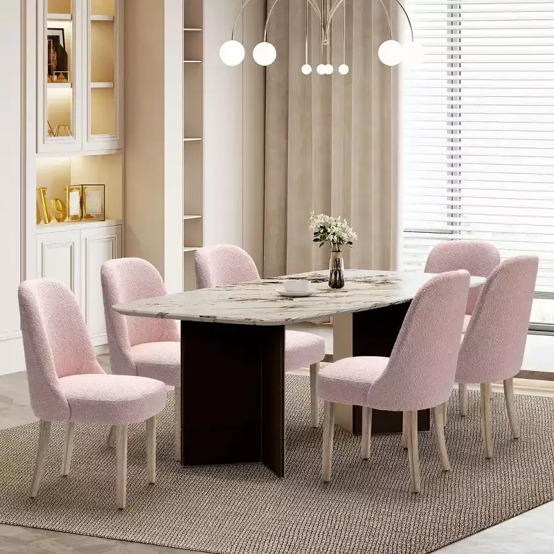 Mid-Century Modern Boucle Upholstered Dining Chair, Set of 6, Water-Resistant Fabric