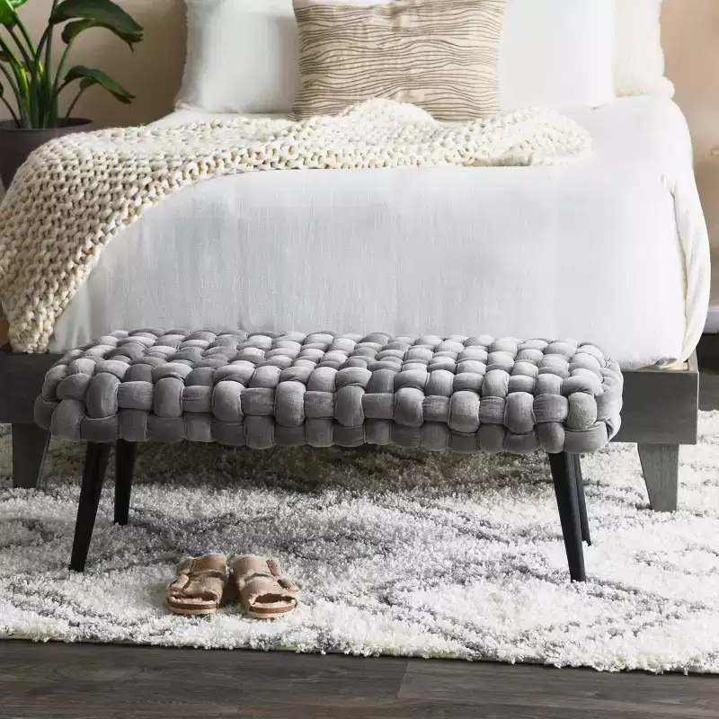 Storied Home Velvet Entryway Bench Gray: Upholstered Ottoman, Acacia Frame, 44.5 Length