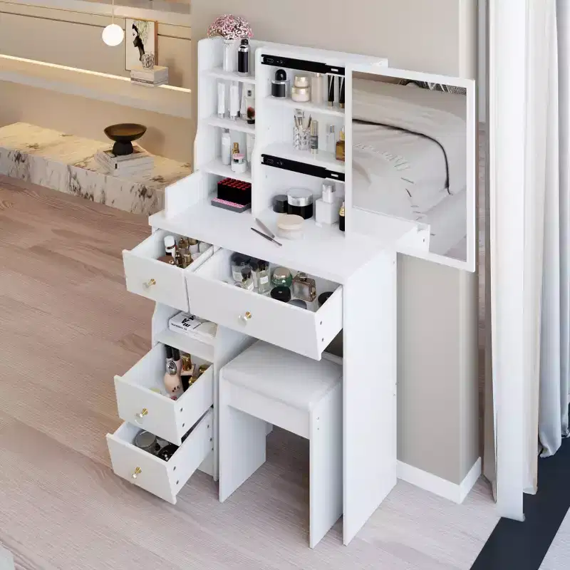 JVNOXK 29.2 Compact Vanity Dresser + Cushioned Stool, Left Drawer, Extra Large Sliding Mirror, Multi-Layer Storage for Small Space