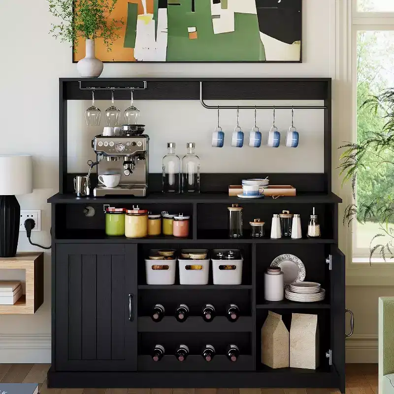 47 Farmhouse Coffee Bar Cabinet, Rustic Grey Buffet Table with Wine Rack & Adjustable Shelves for Kitchen, Dining Room
