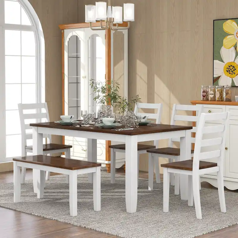 Walnut 6-Piece Wooden Dining Table Set with 4 Ergonomic Chairs & Bench