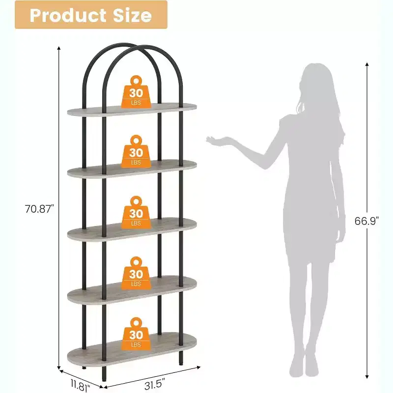 Acekool 5-Tier Arched Bookshelf Set of 2, Metal Frame, Open Storage Display, Anti-Tip, Graphite Gray