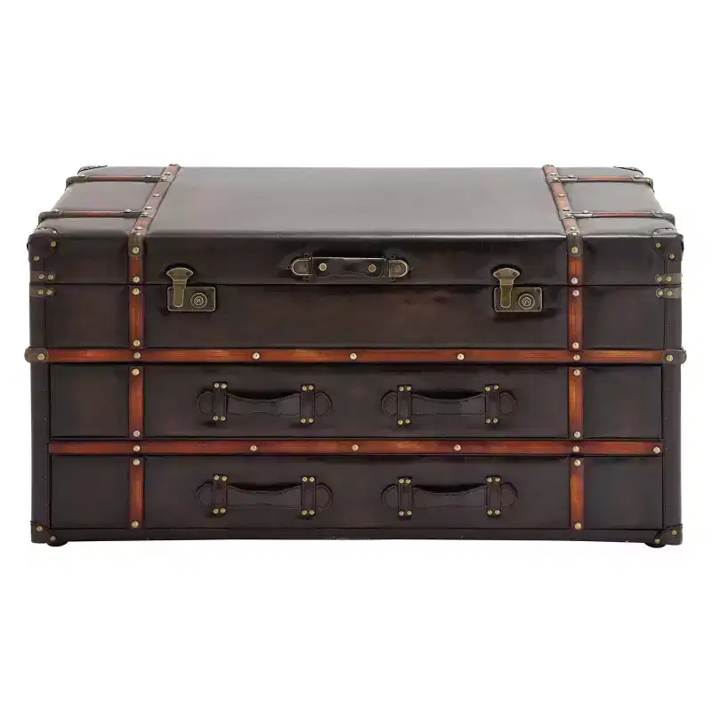 Brown Trunk-Style Coffee Table with Faux Leather & 2 Drawers