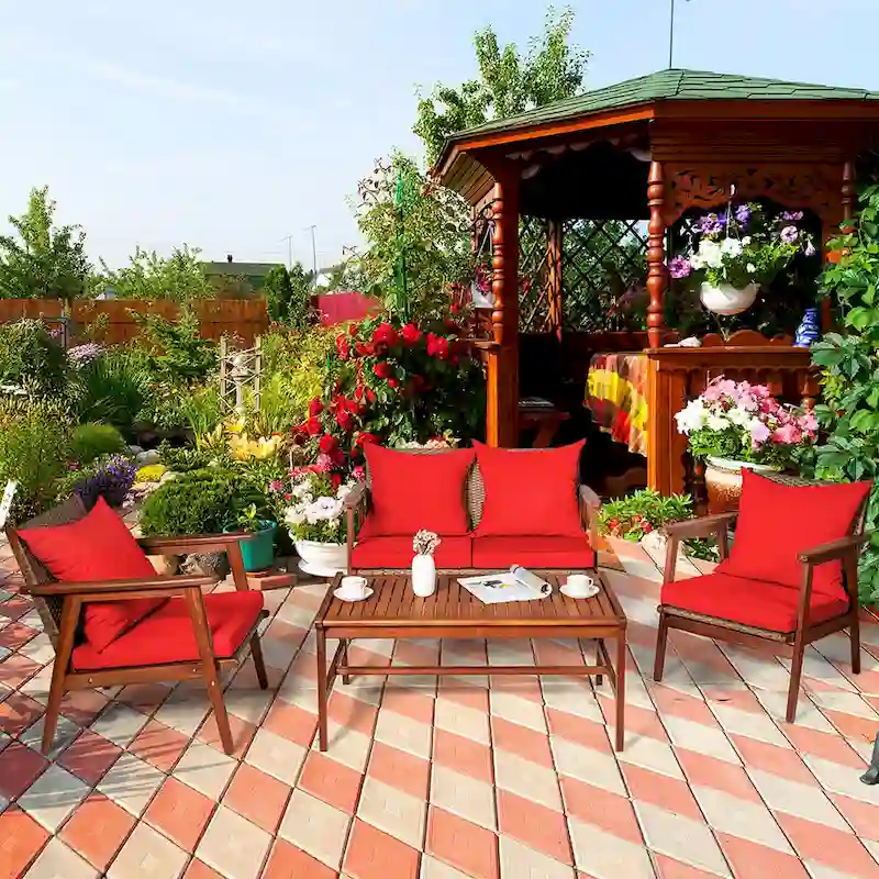 Costway 8PCS Patio Rattan Furniture Set Acacia Wood Frame Cushioned