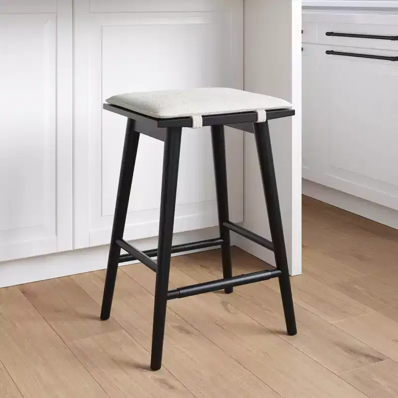 Wood and Boucle Counter Height Barstool Black: Linen Upholstered, 24.8