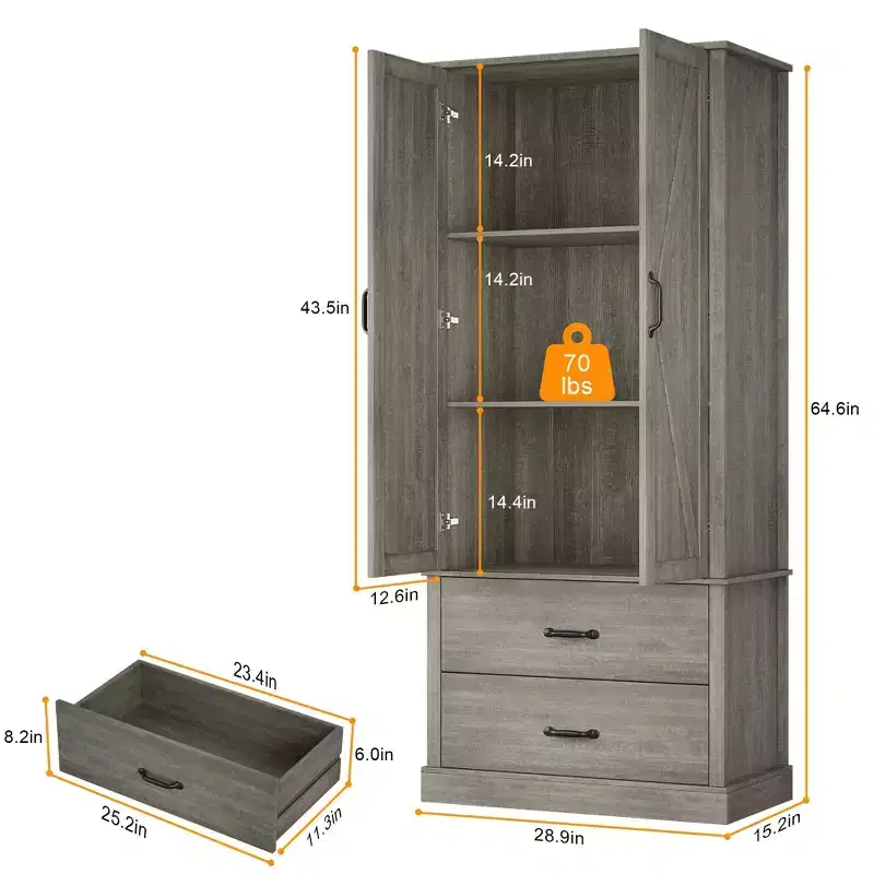 Kitchen Pantry Cabinet with 2 Drawers, Farmhouse Tall Storage Cabinet, Wood Food Pantry with Barn Doors and Adjustable Shelves Versatile Storage