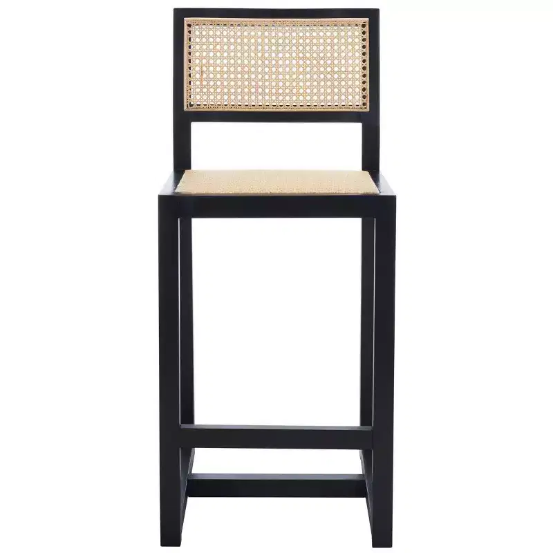 Rattan Counter Stool with Beechwood Frame, Armless Low Back, Footrest, 275 lbs Capacity