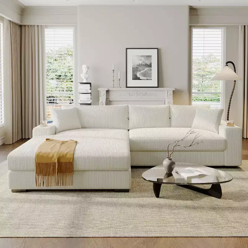 Christopher Knight Home Tess Oversized Corduroy Upholstered Sectional Sofa with Charging Ports and Cup Holders