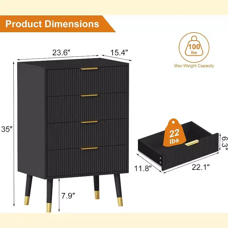 4-Drawer Fluted Dresser with Gold Handles & Metal Legs, Modern Bedroom Chest, Black/White
