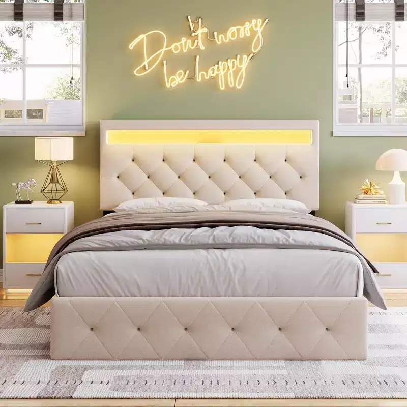 COZONY Full/Queen Upholstered Bed Frame with Adjustable Headboard & Charging Station, No Box Spring