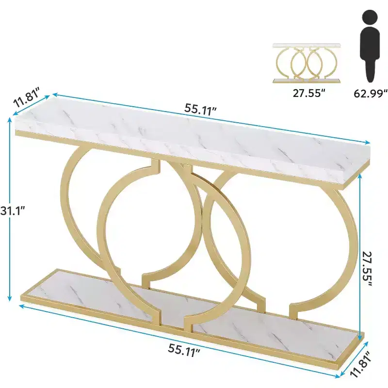 55-Inch Gold Console Table, Modern Entryway Table with Geometric Metal Frame, Faux Marble Sofa Table for Living Room, Entrance, Hallway