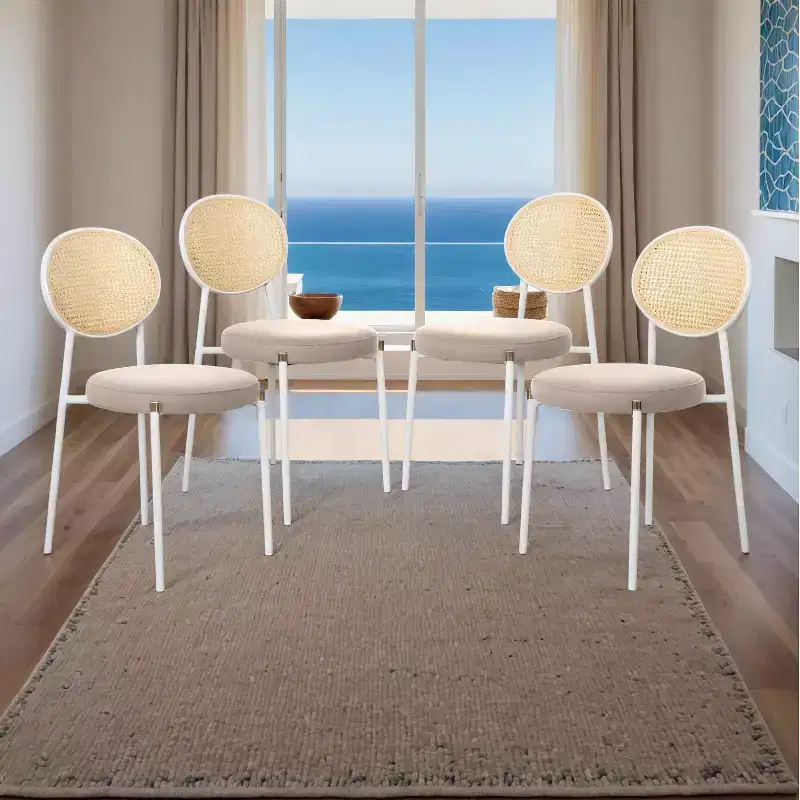 LeisureMod Euston Velvet Rattan Open Back Dining Chairs Set of 4  Stainless Steel Base, Comfortable Modern Seating for Kitchen, Dining Room, Cafe