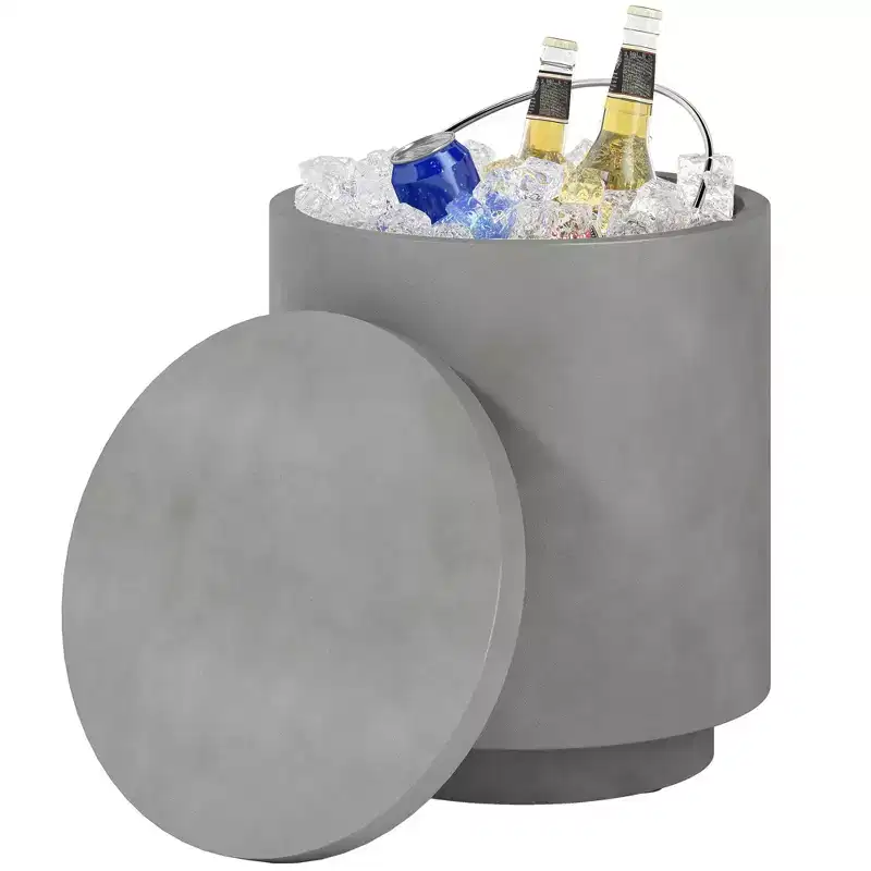 Outsunny 2.6 Gal Outdoor Side Table, 3-In-1 Concrete Cooler Bar Table with Storage, Removable Ice Bucket and Lid