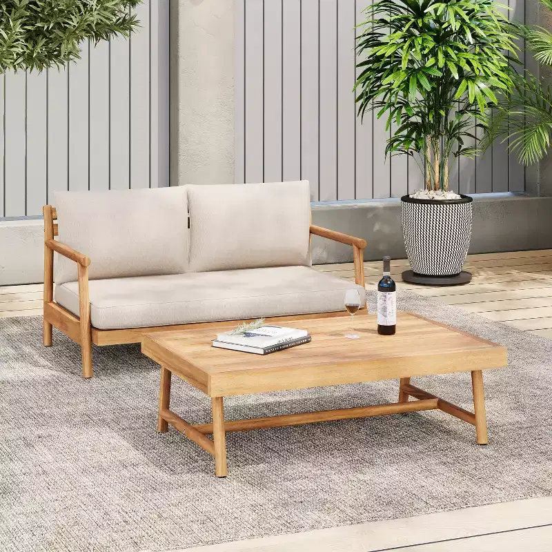 Christopher Knight Home Shane Rustic Outdoor Acacia Wood Upholstered Loveseat and Coffee Table Set