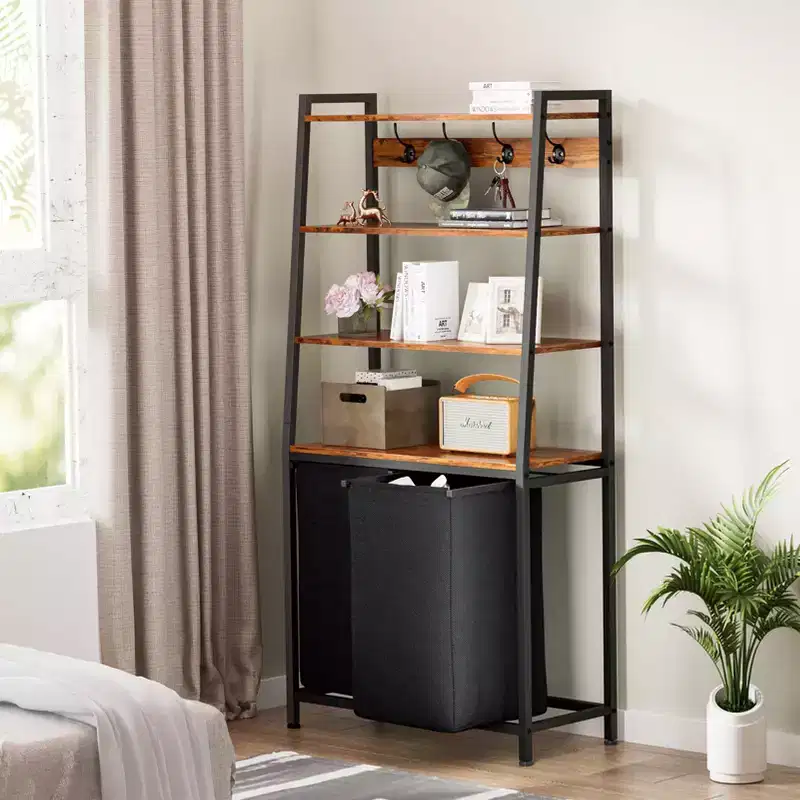 Double Laundry Hamper with Shelf 4 Tier Tall Laundry Basket Sorter with Two Removable Bags Clothing Storage Organizer and Hooks for Bathroom Bedroom