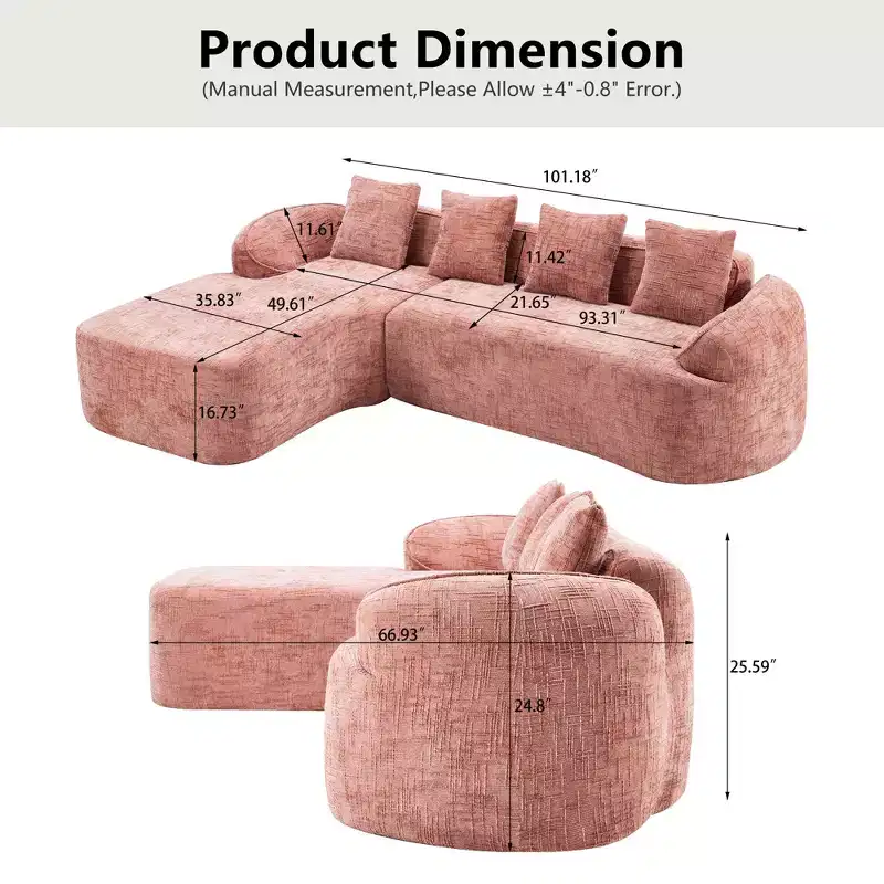 Clihome High-Elastic Chenille L-Shaped Sofa - Curved Armrests & 4 Free Pillows Included