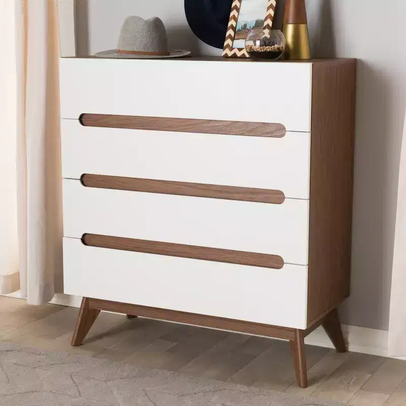 Mid-Century Modern Wood 4-Drawer Storage Chest, Brown
