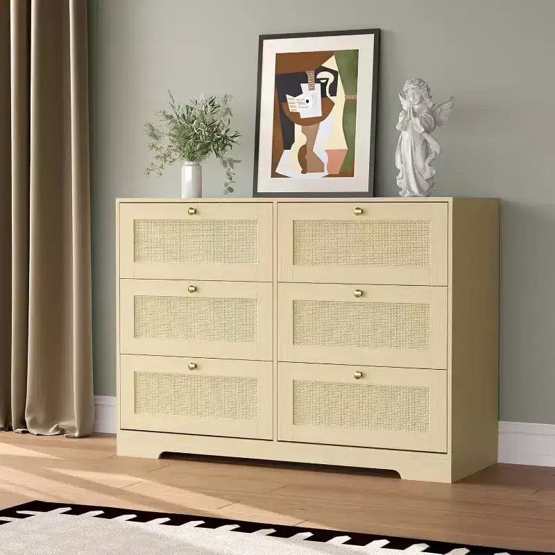 Rattan Dresser with 6 Drawers, Modern Boho Wooden Dresser for Bedroom Storage, Wicker Chest of Drawers with Metal Handles & Wood Legs