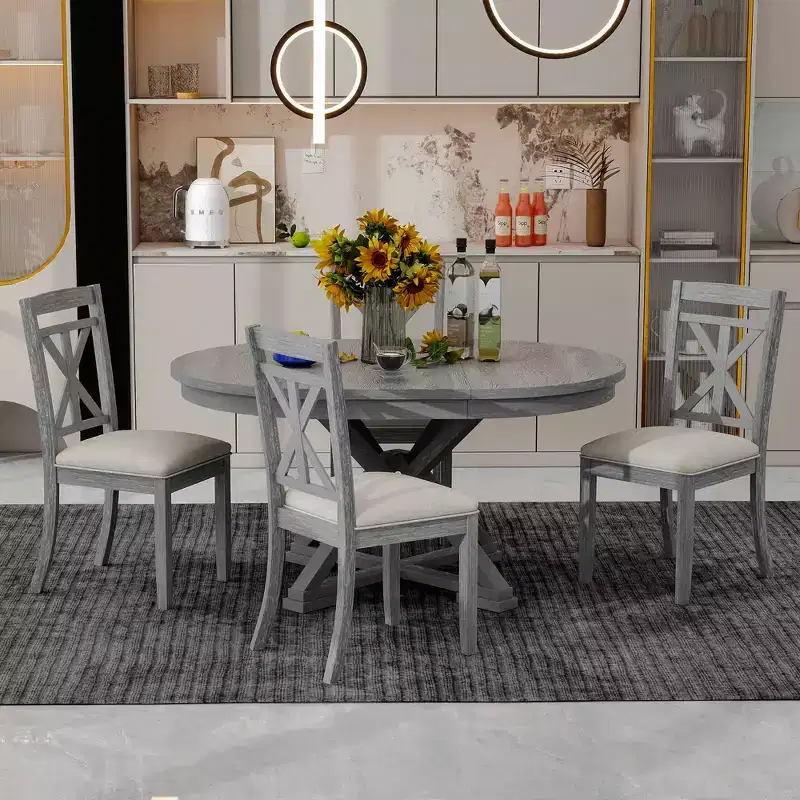 Whisen 5-Piece Extendable Wood Dining Table Set with 4-Upholstered Chairs