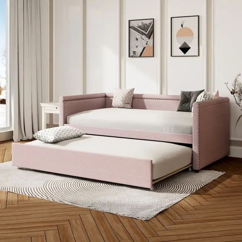 Twin Size Upholstered Daybed with Trundle Modern Linen Fabric, No Box Spring Needed