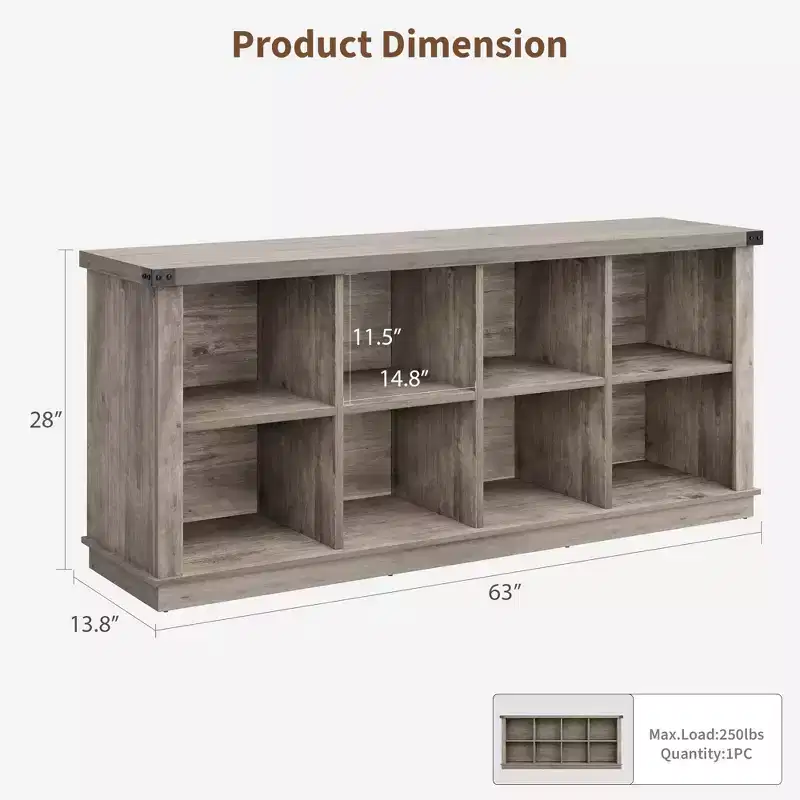 8 Cube Storage Organizer Bookshelf, Farmhouse Style Horizontal Bookcase, 62-inch Wooden Storage Bookcase for Entryway, Long and Short Bookshelf