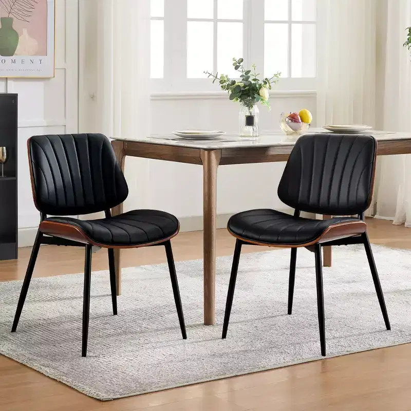 Dining Chairs Set of 2, PU Leather Upholstered Accent Chairs, Bentwood Back and Metal Legs, Shell Strips, for Home