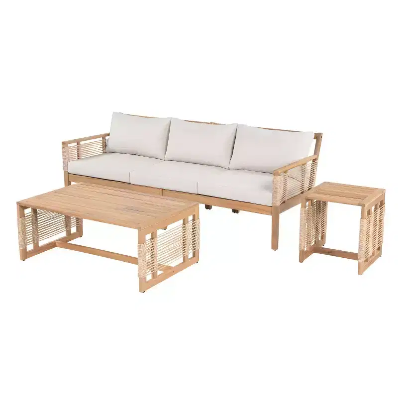 Outdoor Patio Acacia Wood 3-Seater Sofa Set with 2 Coffee Tables, Hand-Woven Rope Design, Water-Resistant Cushions for Backyard-Panipeachy