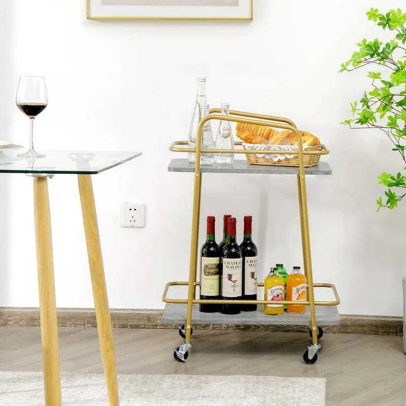 Gymax Gold Serving Cart Utility Trolley on Wheel Rolling Kitchen Rack