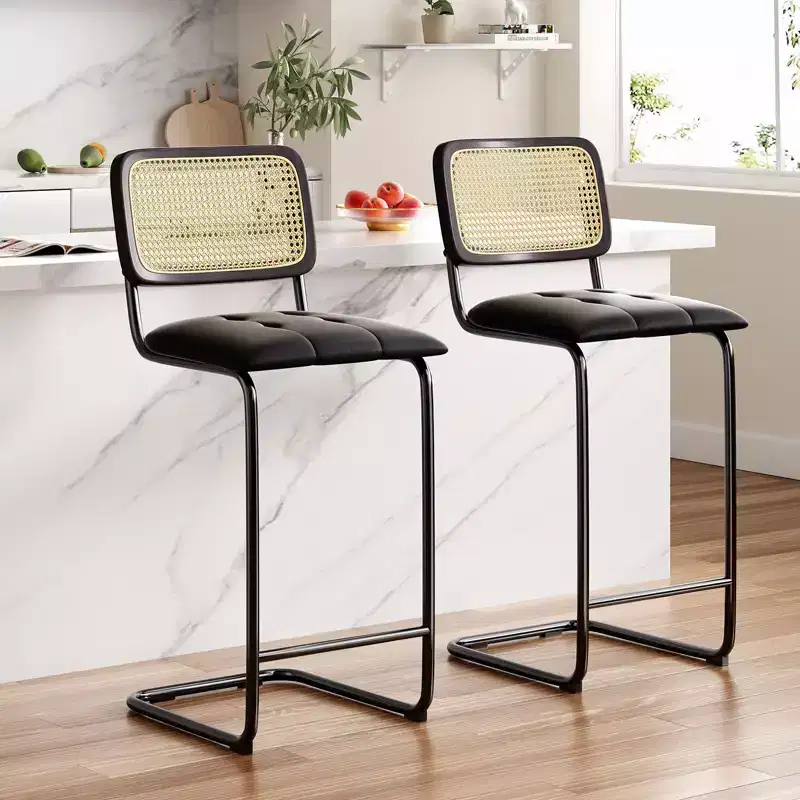 PexFix 2Pcs Counter Height Bar Stools Upholstered PU Leather Barstools with Rattan Back 30 inch Stools Armless Bar Chairs for Kitchen Island Black