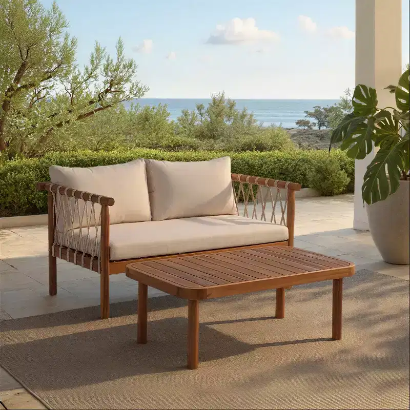 Sabrina Bench & Table Patio Set - Indoor/Outdoor - PAT6810 - Teak Brown/Cream - Safavieh