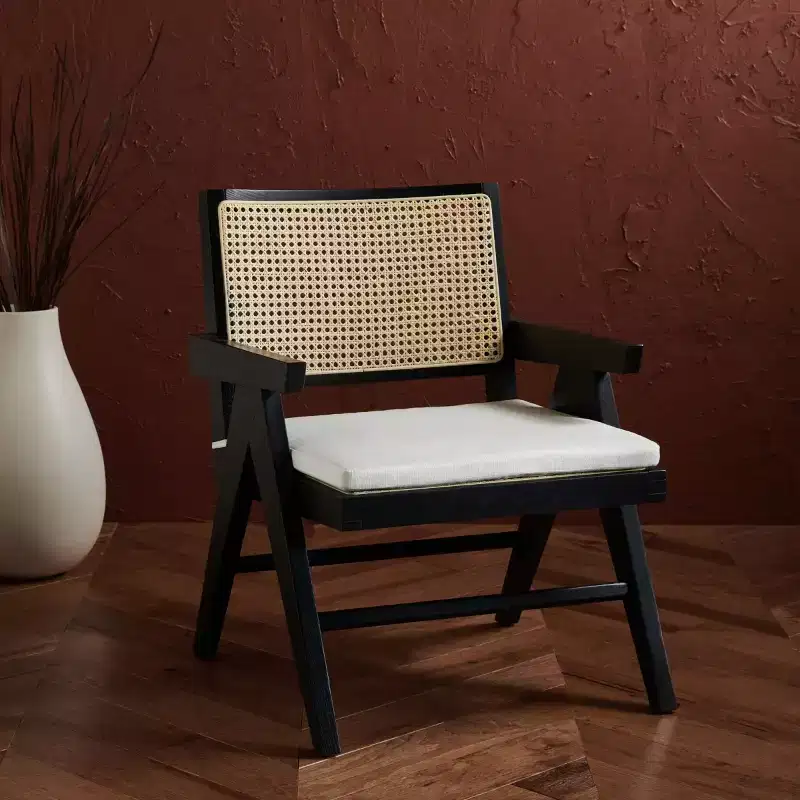 Rattan Accent Chair, Black & Natural Linen Upholstered Ash Wood Chair