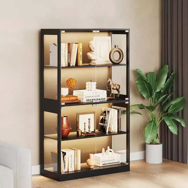 Glass Display Cabinet with Doors, 4-Tier Curio Cabinet with LED Lights, Charging Ports and Motion Sensor