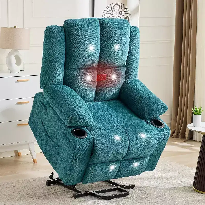 Recliner with Massage  Oversized Lift Assist Chair, 155 Lay-Flat Recline, 2 Cup Holders, Linen Fabric for Elderly & Living Room Comfort
