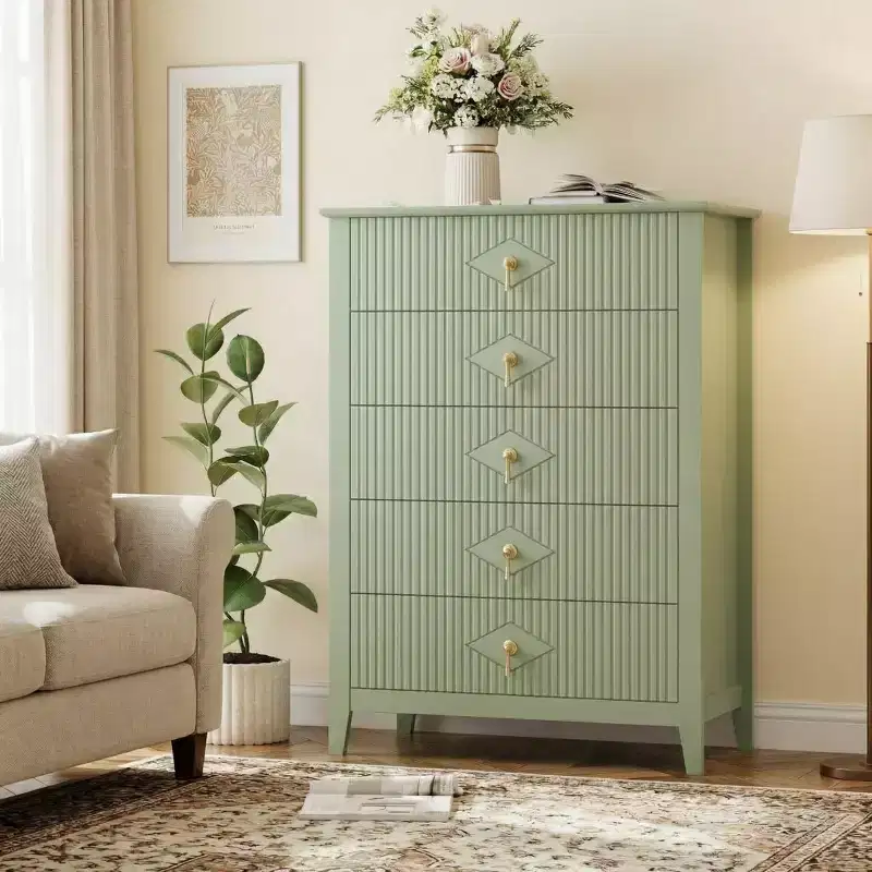 42.9 Tall 5-Drawer Fluted Dresser, Modern Wave Design Wooden Chest of Drawers with Metal Handles for Bedroom & Living Room