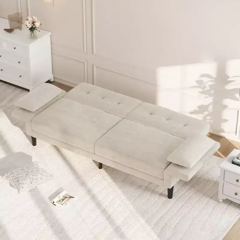 89 Modern Sofa Couch With 2 Pillows, Upholstered Chenille Futon Sofa Bed with Adjustable Backrest, Deep Seat Sofa Couch for Apartment, Beige
