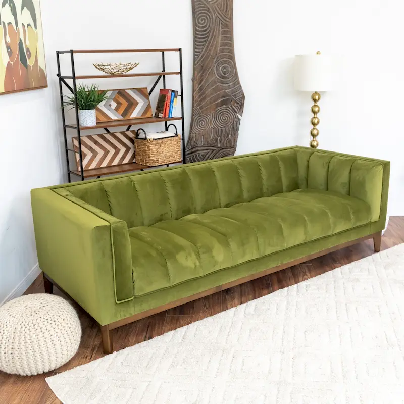 Mid-Century Modern 2-Seater Sofa | Velvet & Boucle | Green / Ivory / Orange