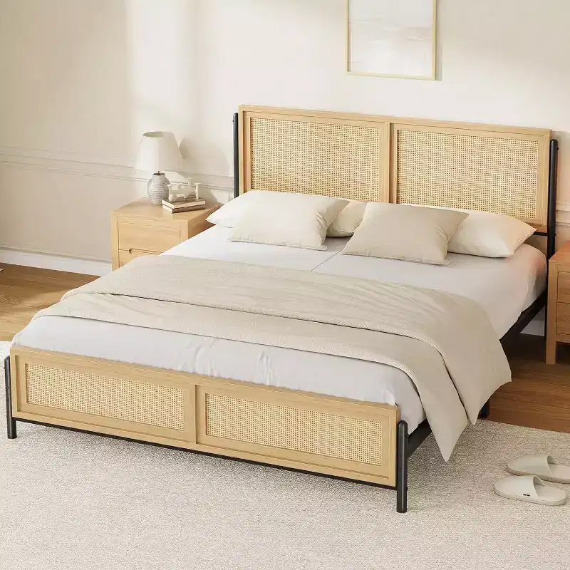 Boho Rattan Bed Frame with Headboard & Footboard, Wooden Slat Support, No Box Spring Needed