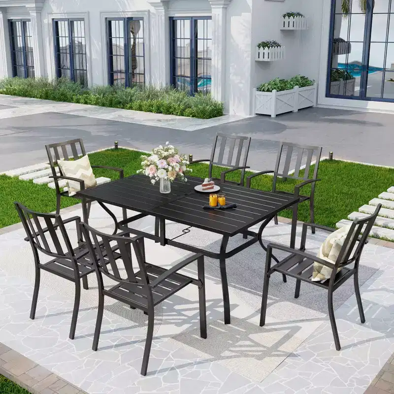 7pc Outdoor Rectangular Table & 6 Chairs with Striped Design - Black - Captiva Designs: Patio Dining Set, Weather-Resistant