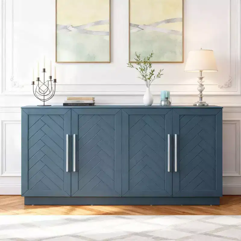 Sideboard Cabinet with Adjustable Shelves & Silver Handles, Antique Blue